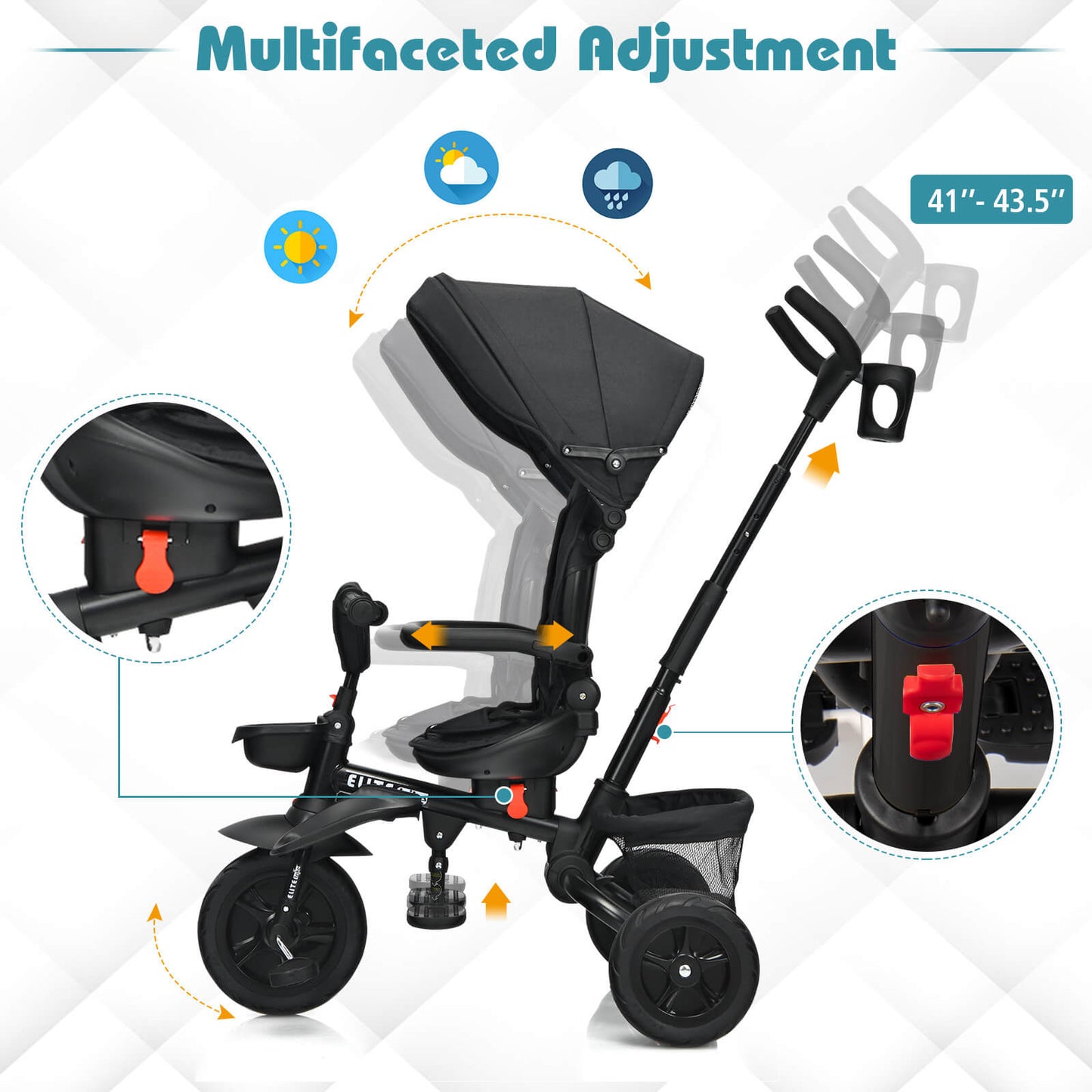 7-in-1 Detachable Baby Stroller with Canopy and Safety Harness-Black