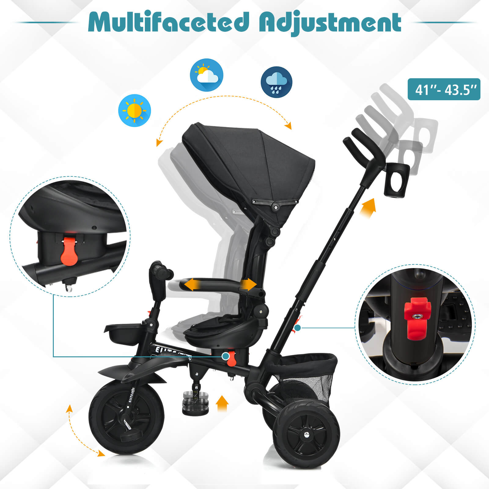 7-in-1 Detachable Baby Stroller with Canopy and Safety Harness-Black