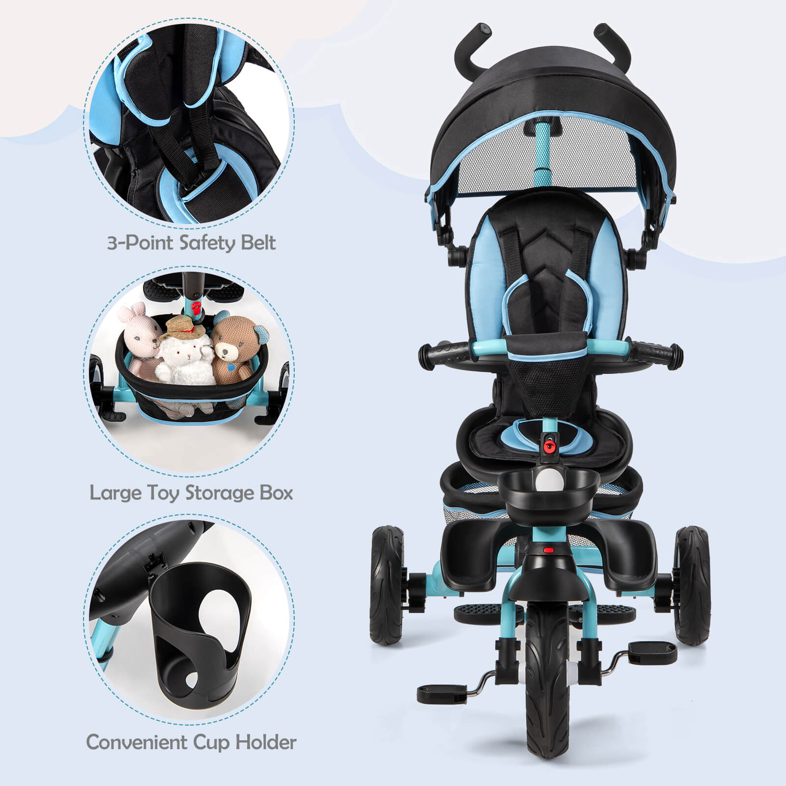 7-in-1 Detachable Baby Stroller with Canopy and Safety Harness-Blue
