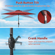 7.5 Feet Solar Powered Patio Umbrella with LED Lights and Crank Handle-Burgundy
