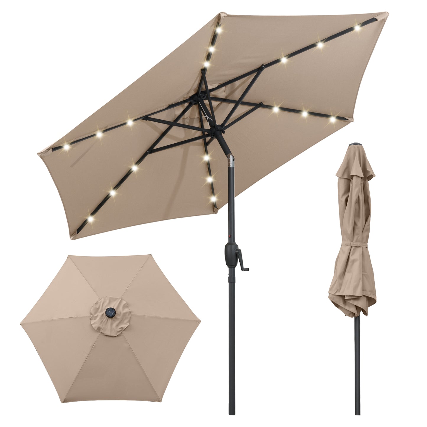 7.5 Feet Solar Powered Patio Umbrella with LED Lights and Crank Handle-Black - Tan