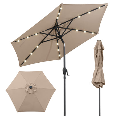 7.5 Feet Solar Powered Patio Umbrella with LED Lights and Crank Handle-Black - Tan