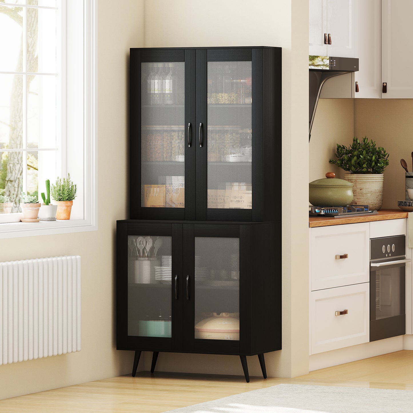 70.5 inch Tall Kitchen Pantry Cabinet Cupboard with 4 Transparent Doors-Black