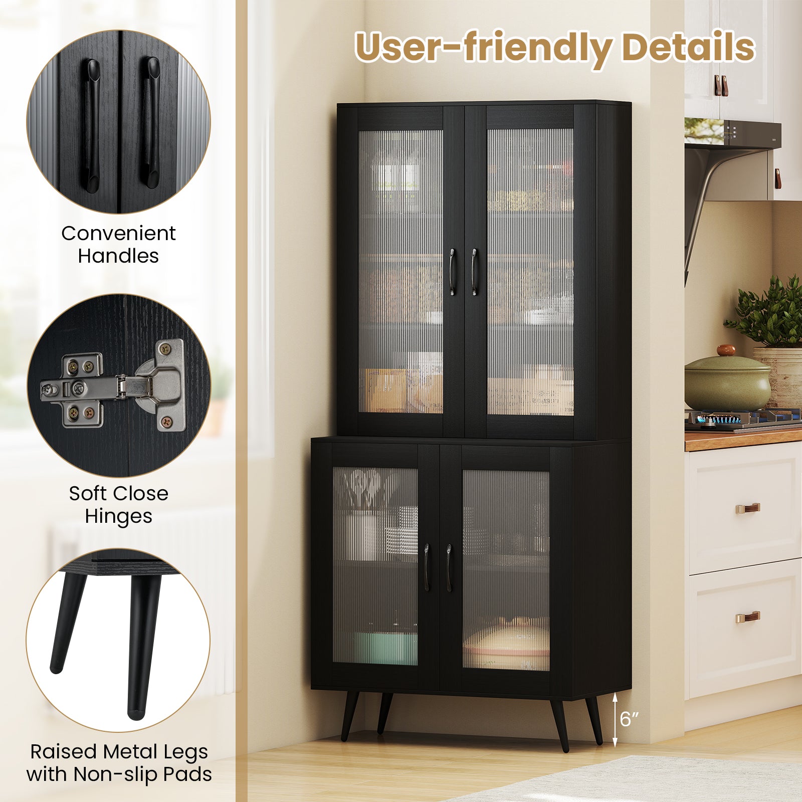 70.5 inch Tall Kitchen Pantry Cabinet Cupboard with 4 Transparent Doors-Black
