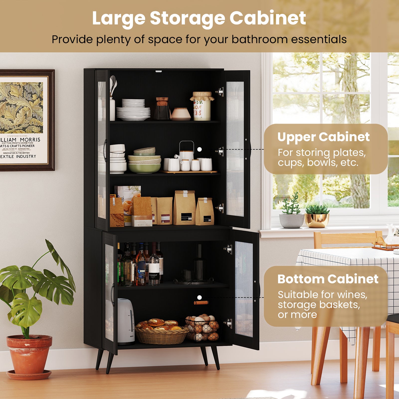 70.5 inch Tall Kitchen Pantry Cabinet Cupboard with 4 Transparent Doors-Black