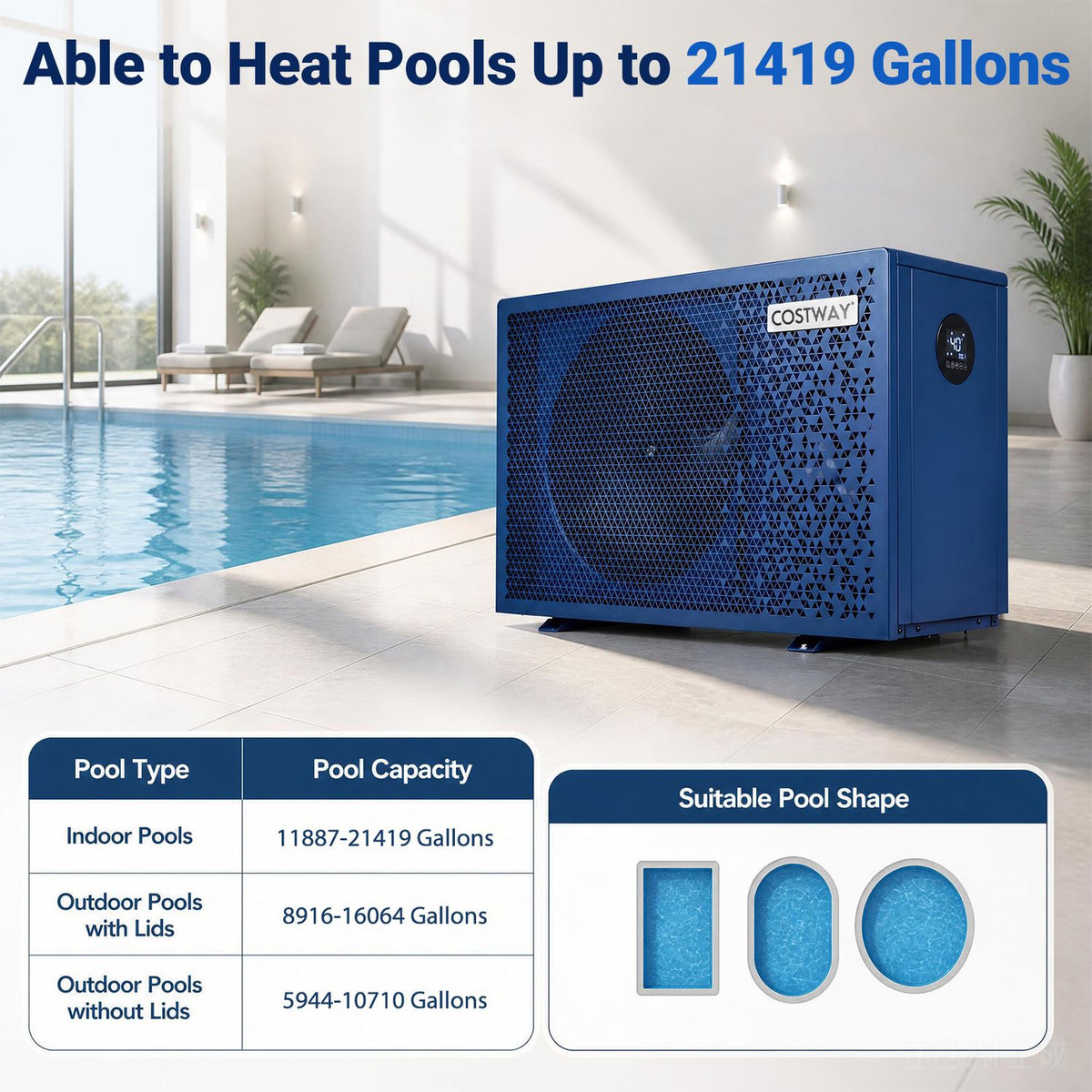 70000 BTU Swimming Pool Heat Pump with 1/2/3 Hour Timer-Blue