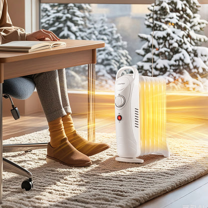 700W Electric Oil Filled Radiator Heater with Adjustable Thermostat-White