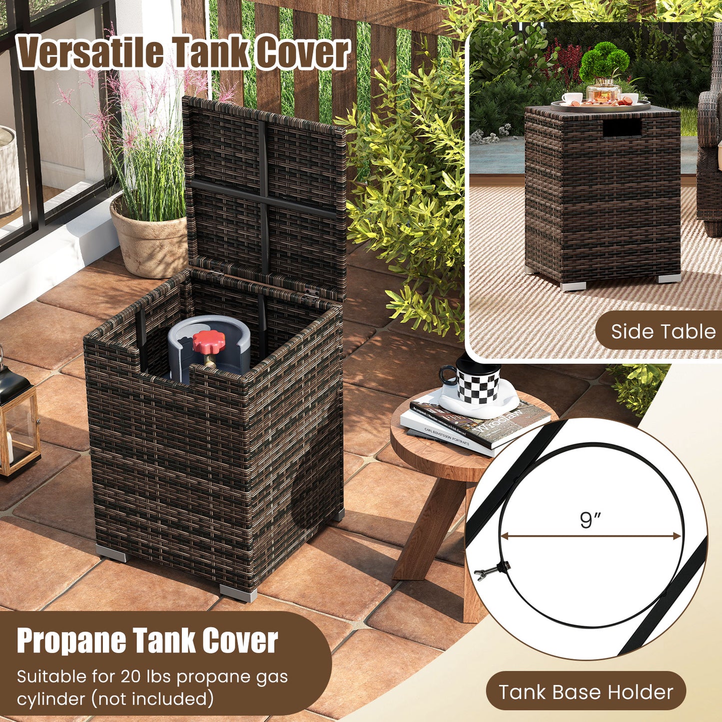 2-Piece Outdoor Rattan Fire Table Set 32 Inch Rectangle Gas Firepit with Tank Cover-Brown
