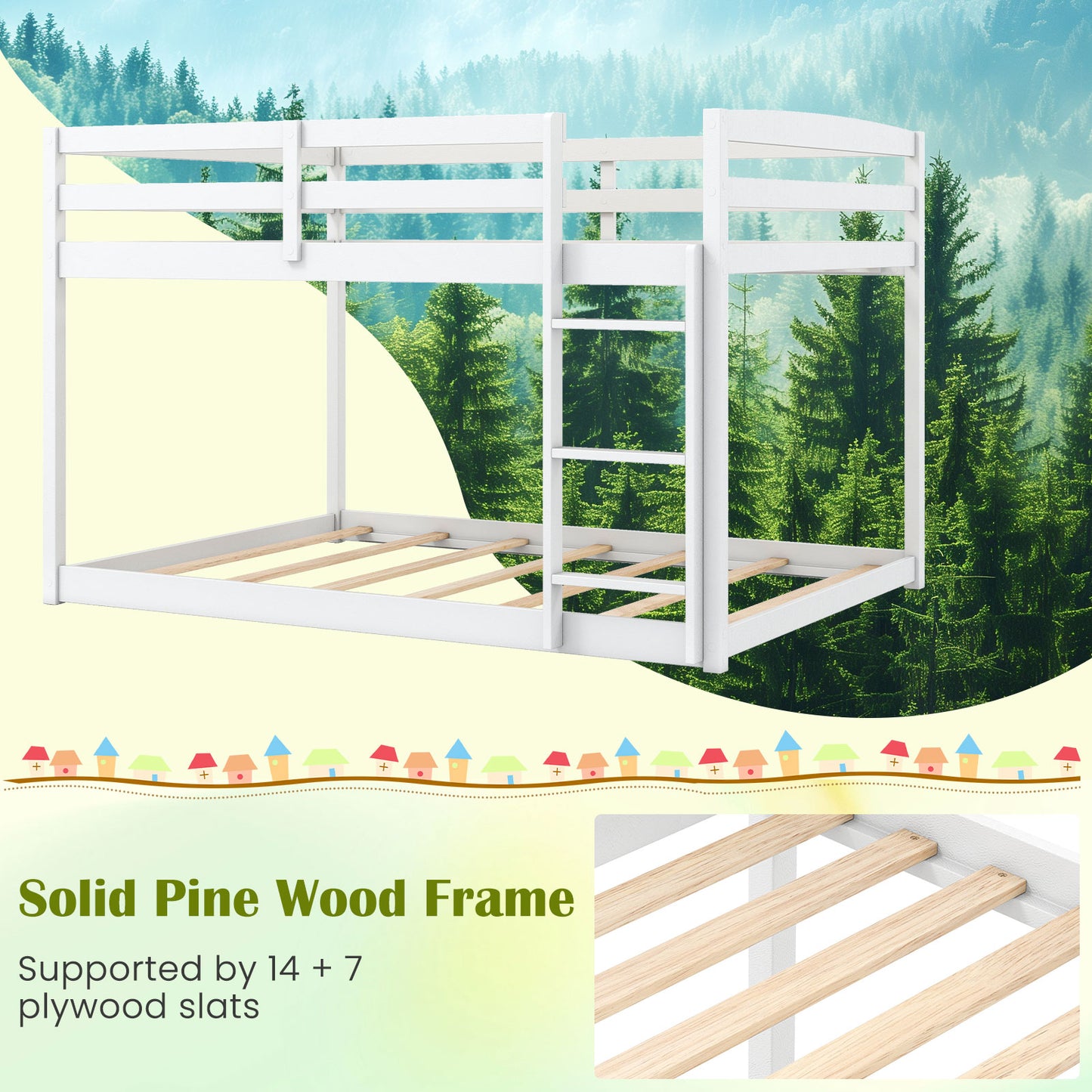 Full Over Full Bunk Bed Low-to-ground Bunk Bed-White
