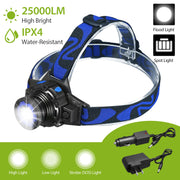 25000 LM Headlamp LED Tactical Headlight Zoomable Flashlight Torch w/Charges Camping