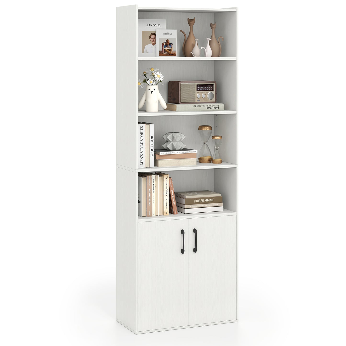 70 Inch Bookcase 6-Tier with Adjustable Shelves and 2-Door Cabinet