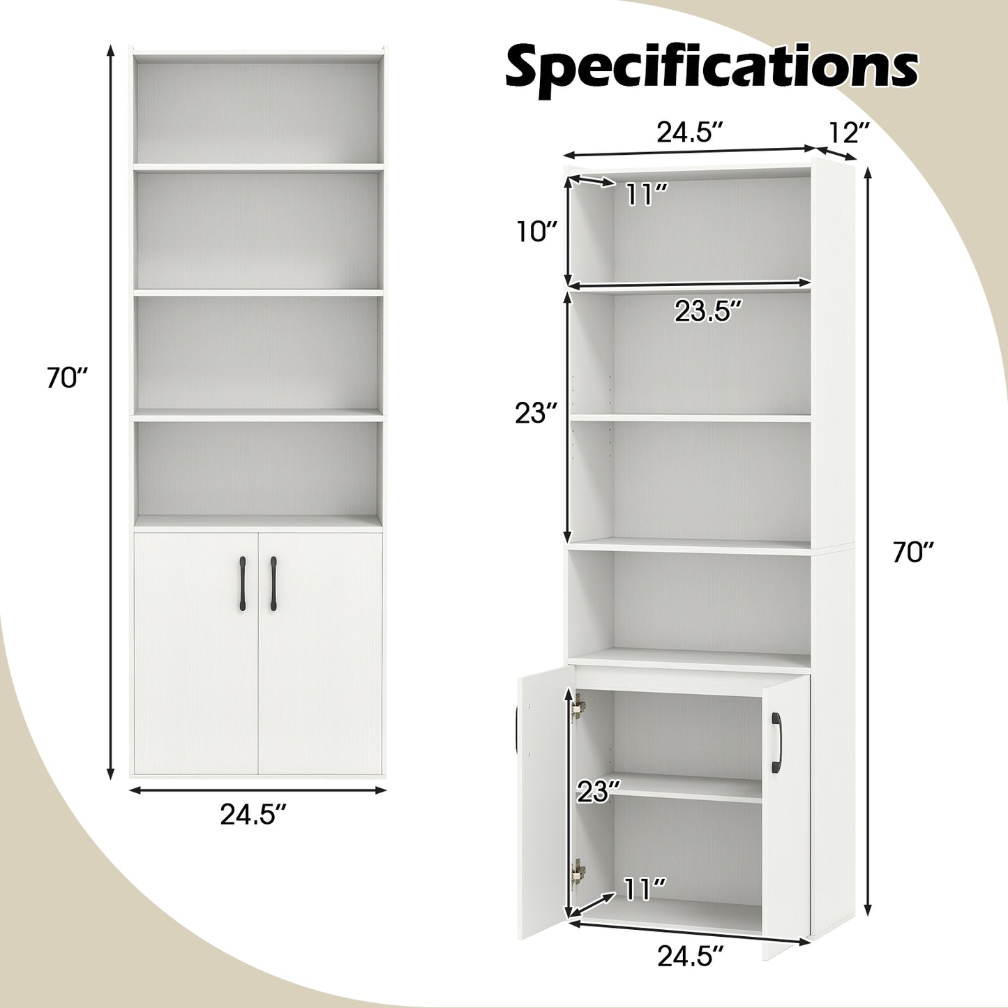 70 Inch Bookcase 6-Tier with Adjustable Shelves and 2-Door Cabinet