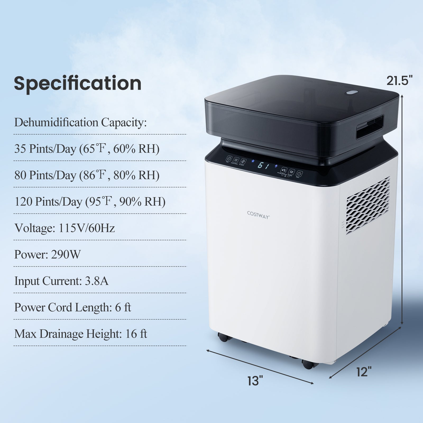 70/90 Pint 4500/6000 Sq. Ft Dehumidifier with Continuous and Auto Mode-70 Pints - 90 Pints