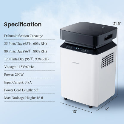 70/90 Pint 4500/6000 Sq. Ft Dehumidifier with Continuous and Auto Mode-70 Pints - 90 Pints