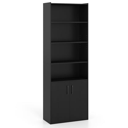70 Inch Bookcase 6-Tier with Adjustable Shelves and 2-Door Cabinet-Black - Black
