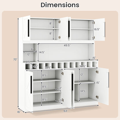 70 Inch Farmhouse Pantry Cabinet Kitchen Buffet Hutch with 4 Cabinets and 2 Open Shelves-White