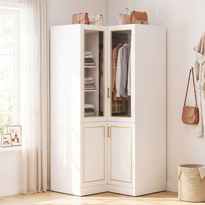 70 Inch L-Shaped Armoire Corner Wardrobe Closet with Hanging Rod-White