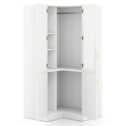 70 Inch L-Shaped Armoire Corner Wardrobe Closet with Hanging Rod-White