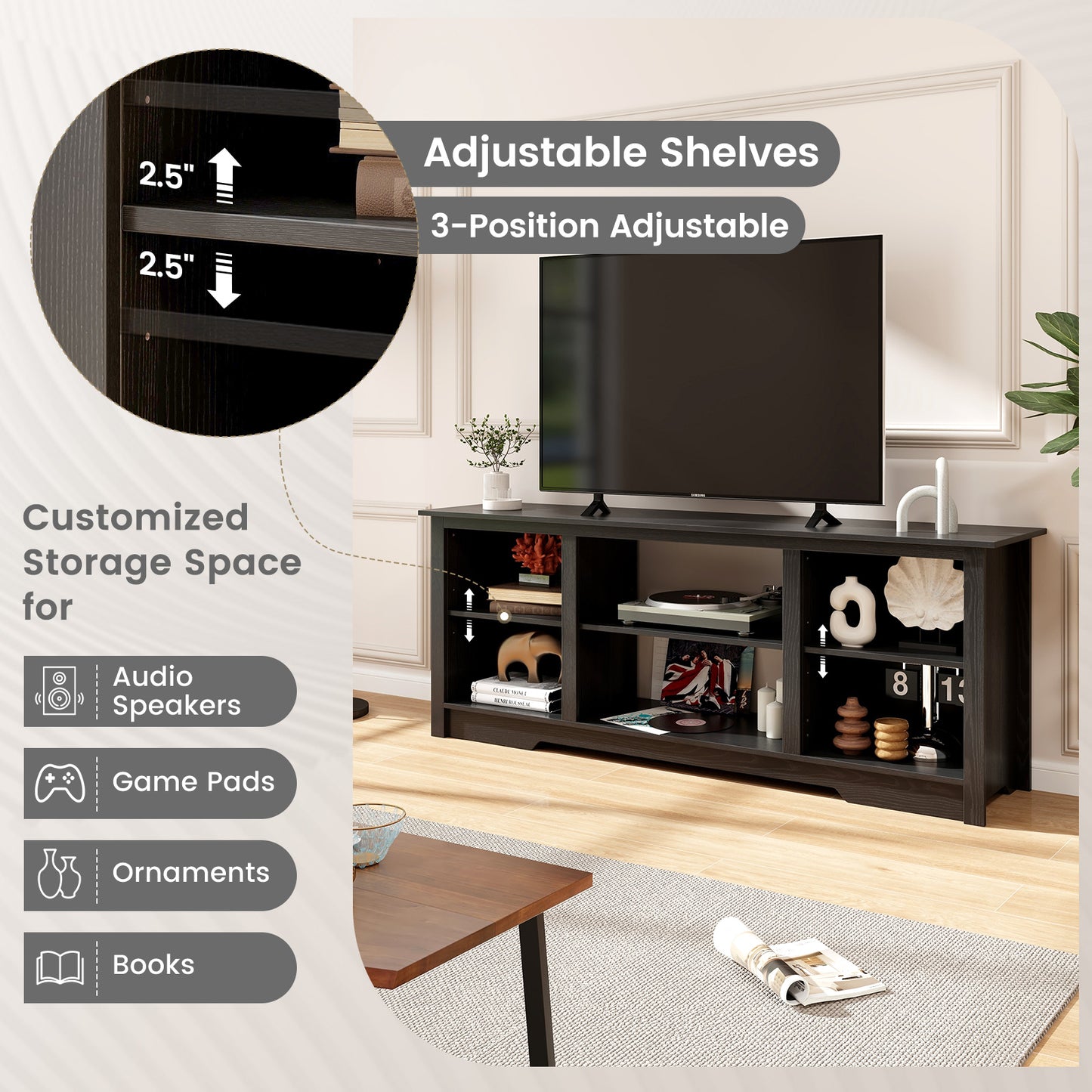 70 Inch TV Stand for up to 75 Inch Flat Screen TVs with Adjustable Shelves-Black