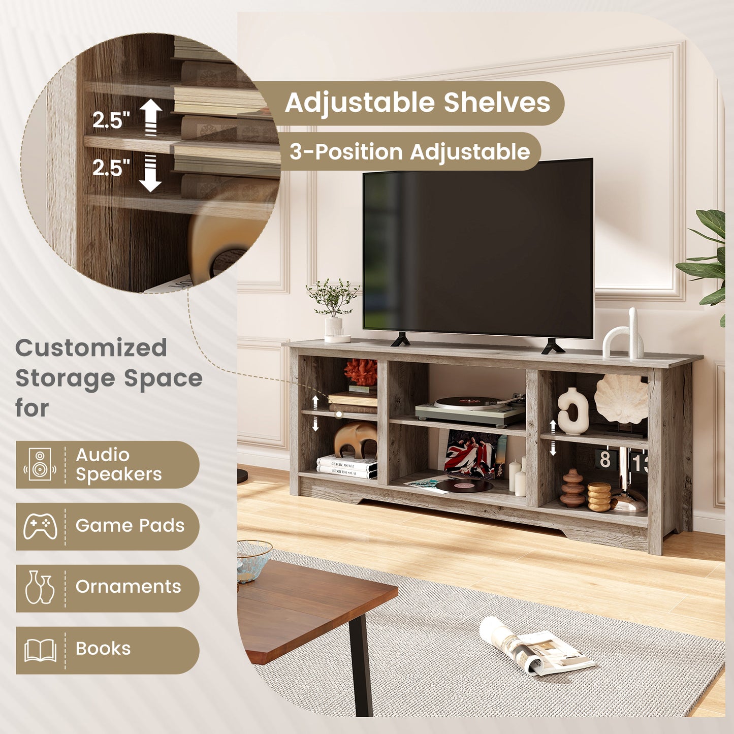 70 Inch TV Stand for up to 75 Inch Flat Screen TVs with Adjustable Shelves-Gray