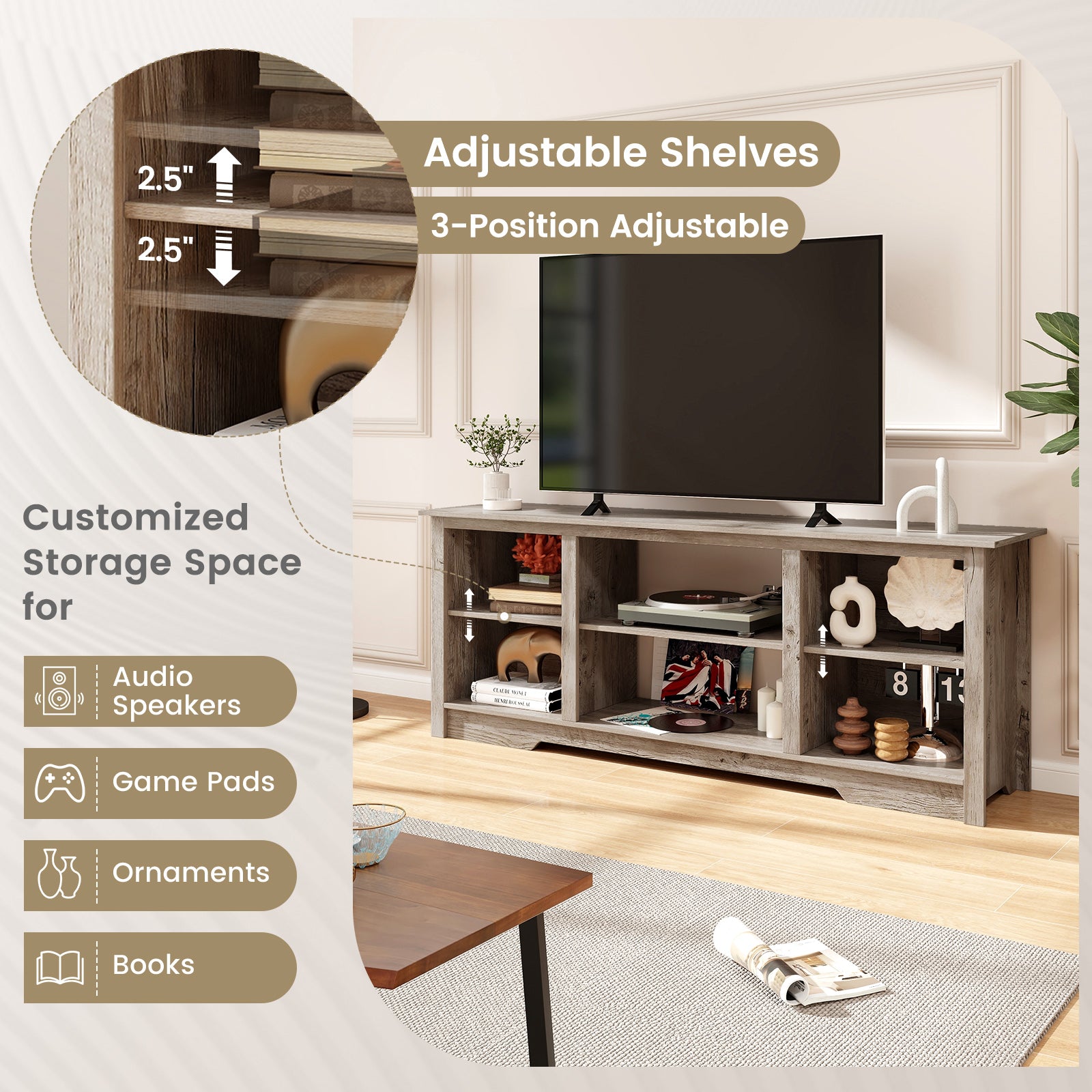 70 Inch TV Stand for up to 75 Inch Flat Screen TVs with Adjustable Shelves-Gray
