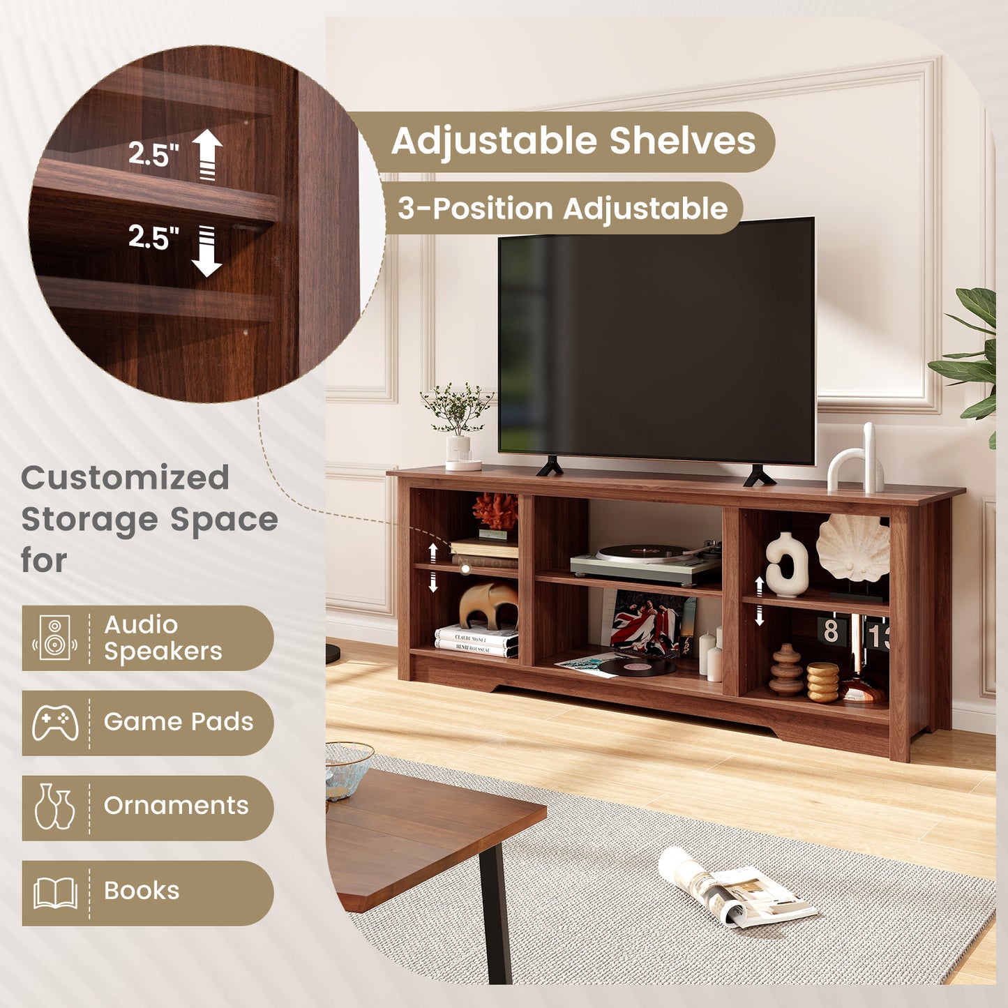 70 Inch TV Stand for up to 75 Inch Flat Screen TVs with Adjustable Shelves-Walnut