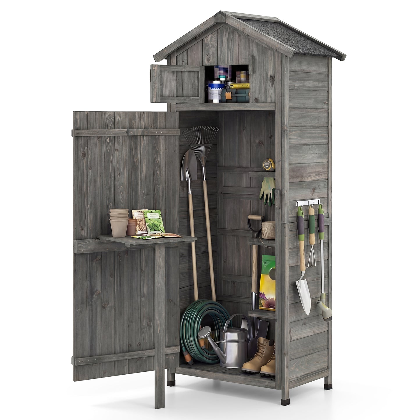 70 Inch Tall Garden Tool Storage Cabinet with Lockable Doors and Foldable Table-Grey