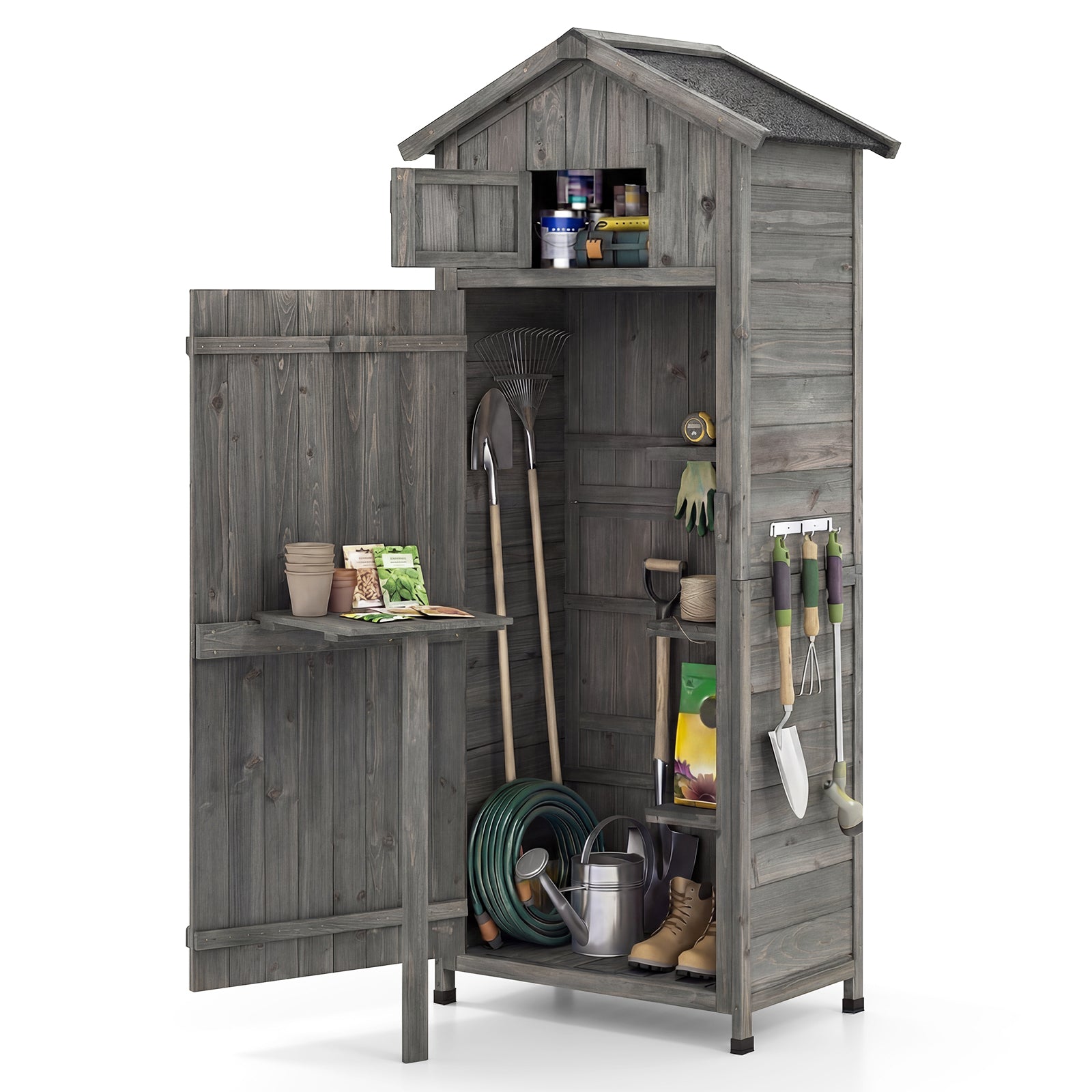 70 Inch Tall Garden Tool Storage Cabinet with Lockable Doors and Foldable Table-Grey
