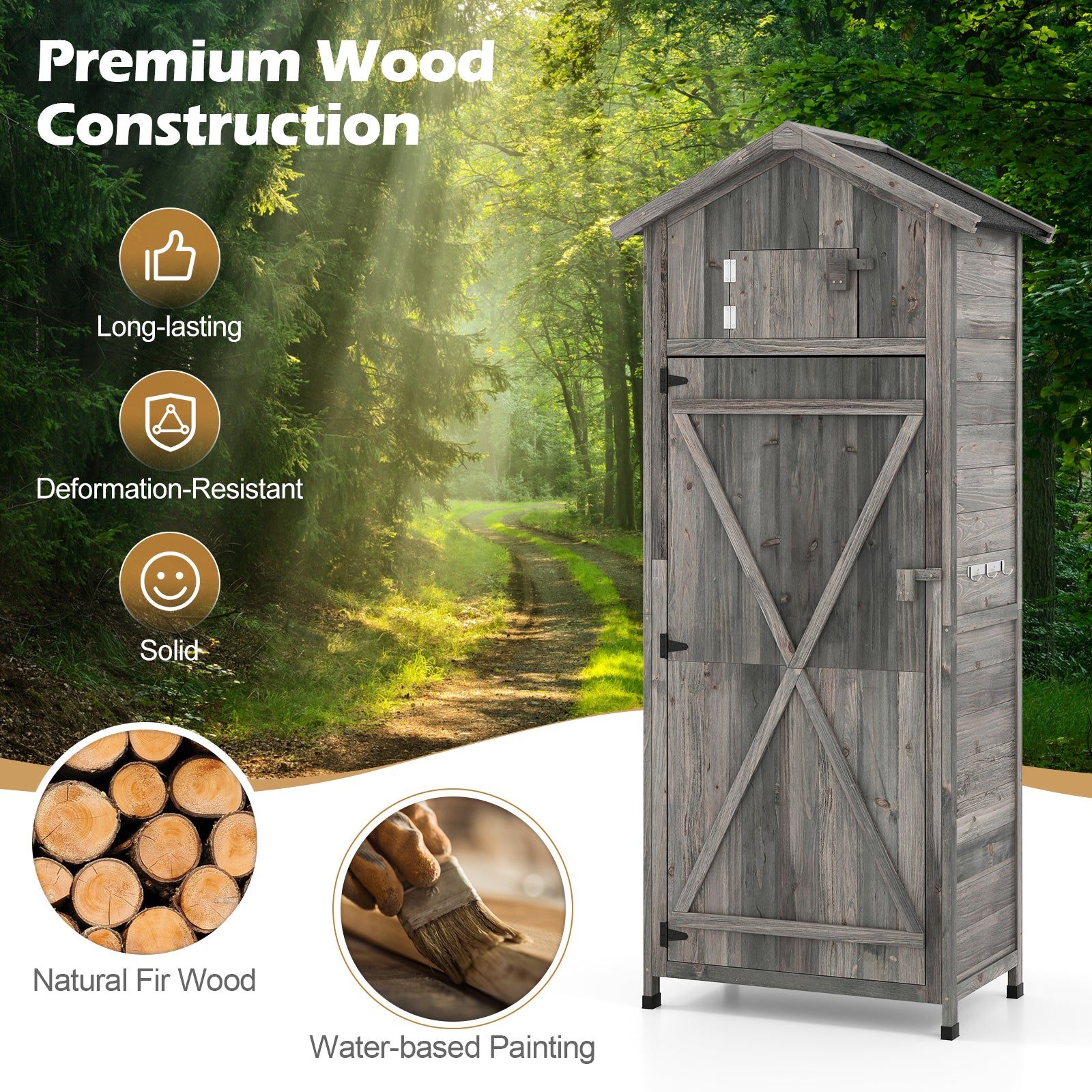 70 Inch Tall Garden Tool Storage Cabinet with Lockable Doors and Foldable Table-Grey