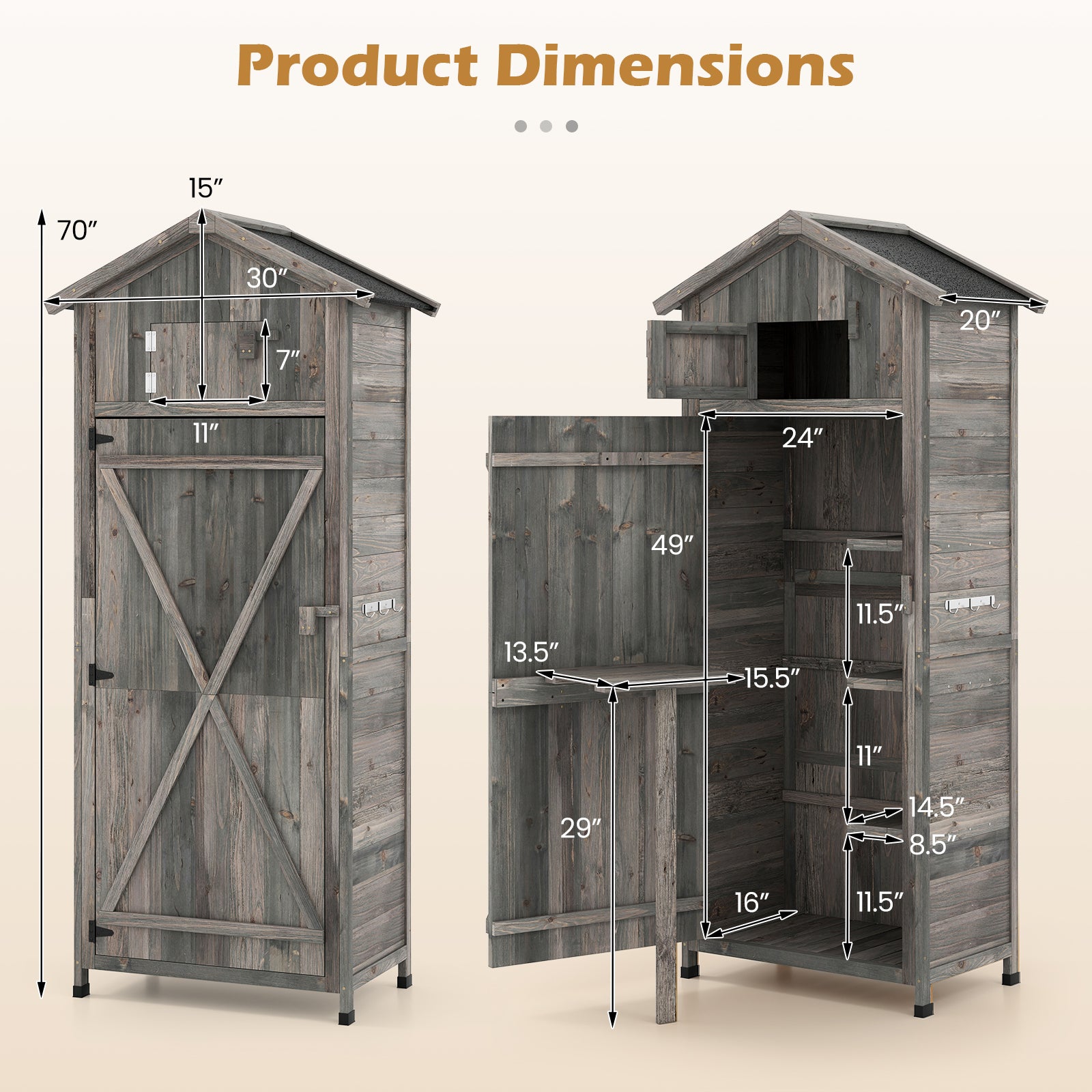 70 Inch Tall Garden Tool Storage Cabinet with Lockable Doors and Foldable Table-Grey