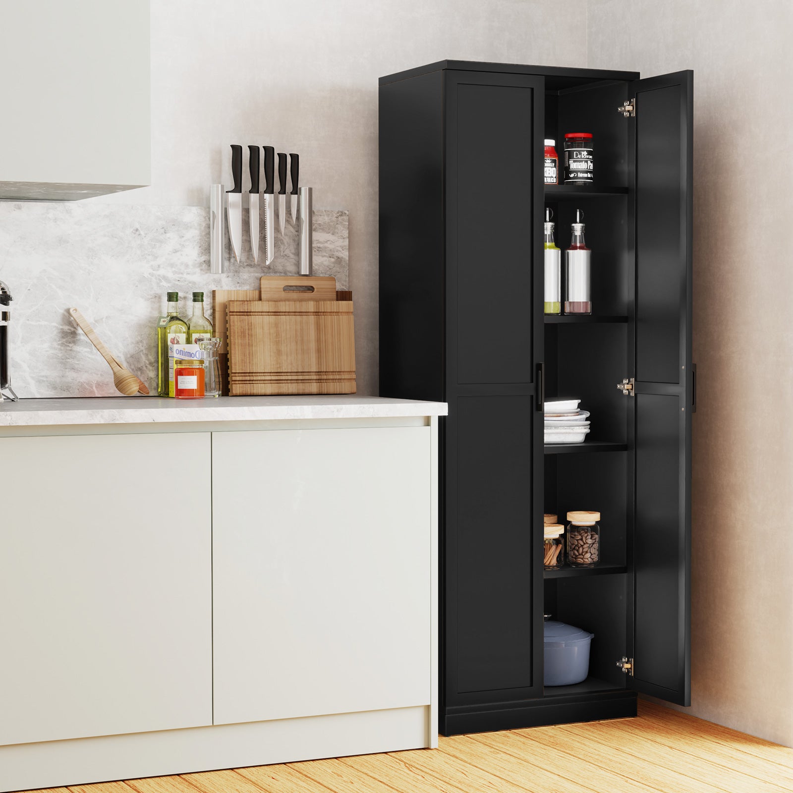 70 Inch Freestanding Storage Cabinet with 2 Doors and 5 Shelves-Black