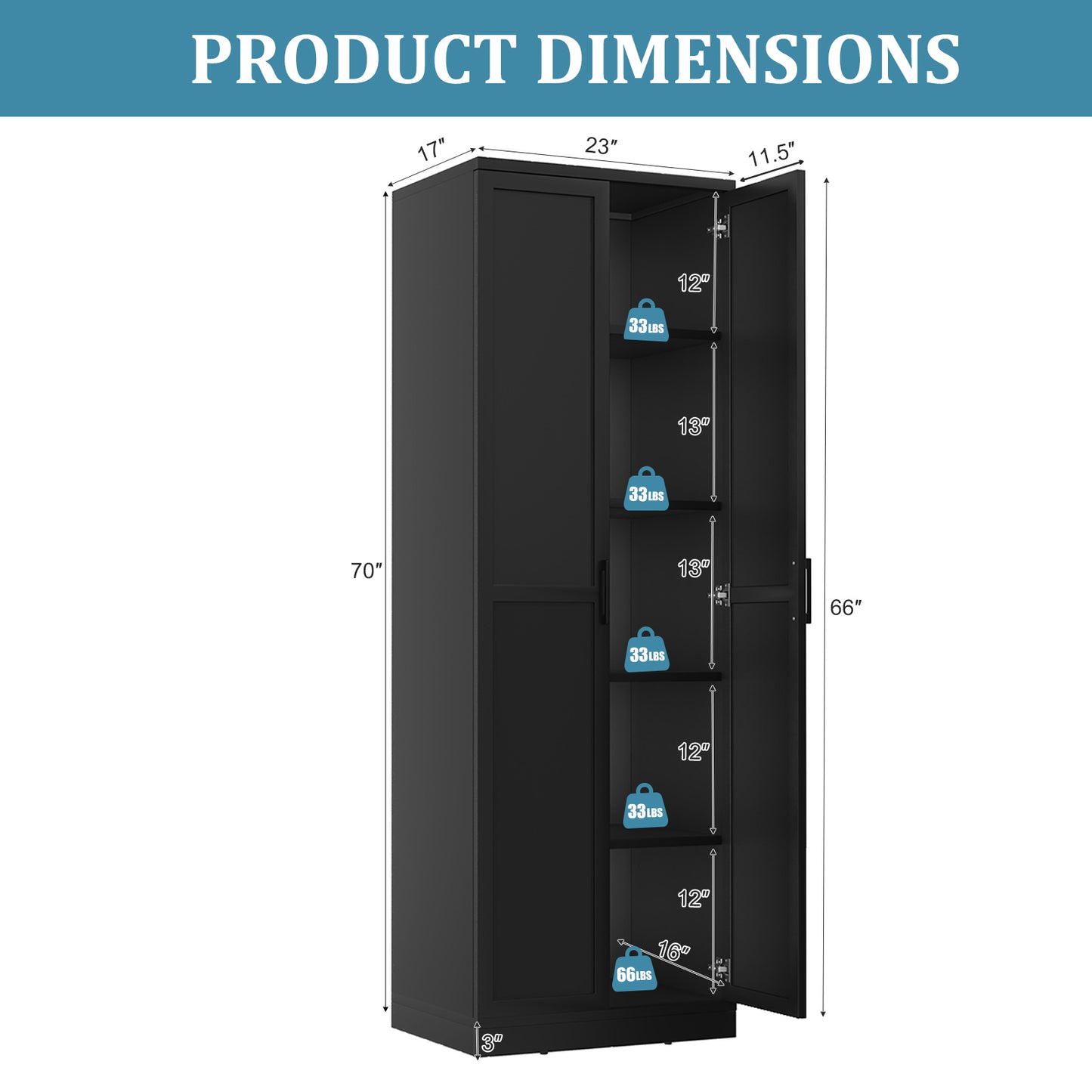 70 Inch Freestanding Storage Cabinet with 2 Doors and 5 Shelves-Black
