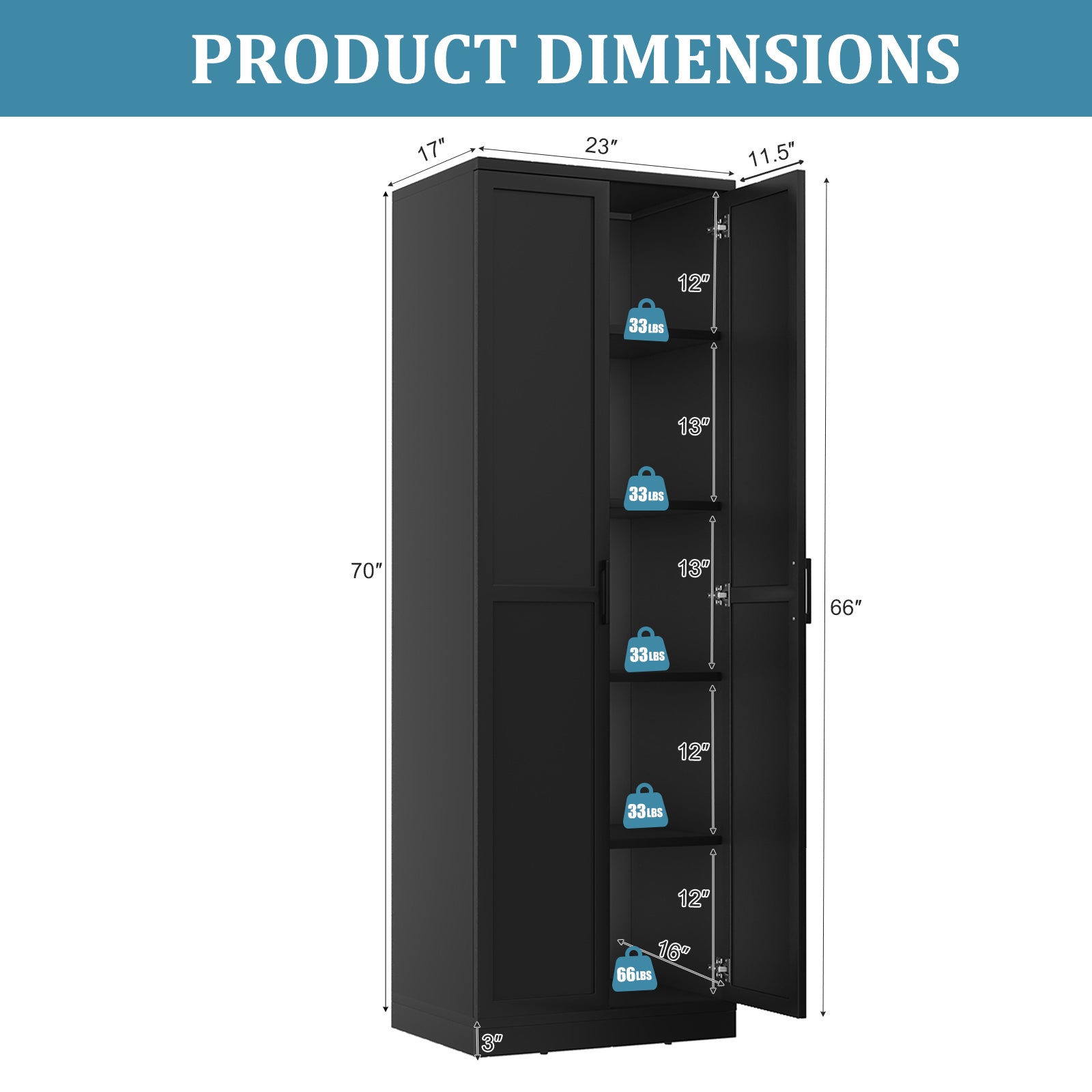 70 Inch Freestanding Storage Cabinet with 2 Doors and 5 Shelves-Black