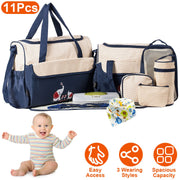 11Pcs Baby Nappy Diaper Bags Set for Mom Dad Mummy Shoulder Bags Multifunctional Diaper Handbags with Food Bag Bottle Bag Diaper Pad Burp Cloth 2 Hook