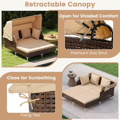 Outdoor Daybed with Retractable Canopy PE Wicker Rattan Patio Lounger-Brown
