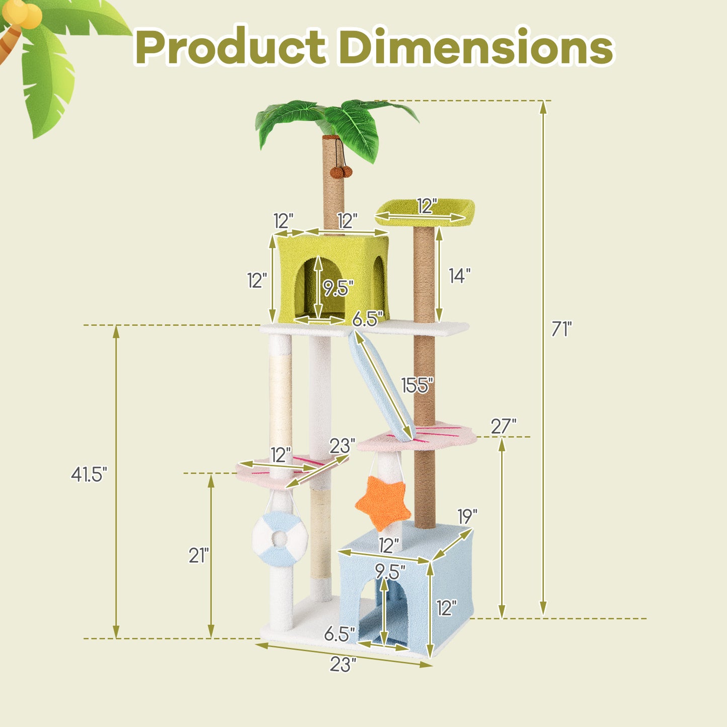 71 Inch Cat Tree Multi-Level Aesthetic Beach-Themed Kitten Tower-Colorful