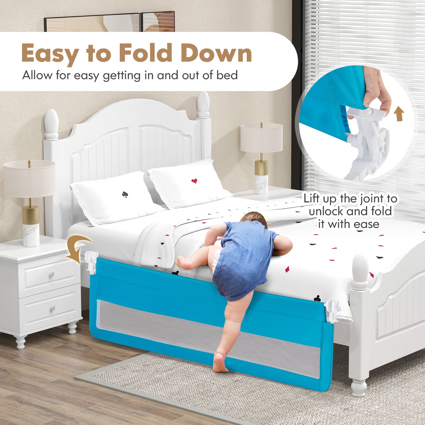 71 Inch Extra Long Swing Down Bed Guardrail with Safety Straps