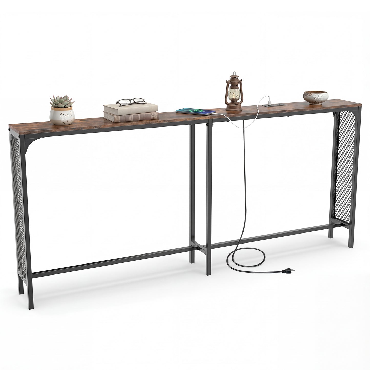 71 Inch Narrow Console Table with Power Outlet for Small Space-Rustic Brown