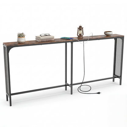 71 Inch Narrow Console Table with Power Outlet for Small Space-Rustic Brown