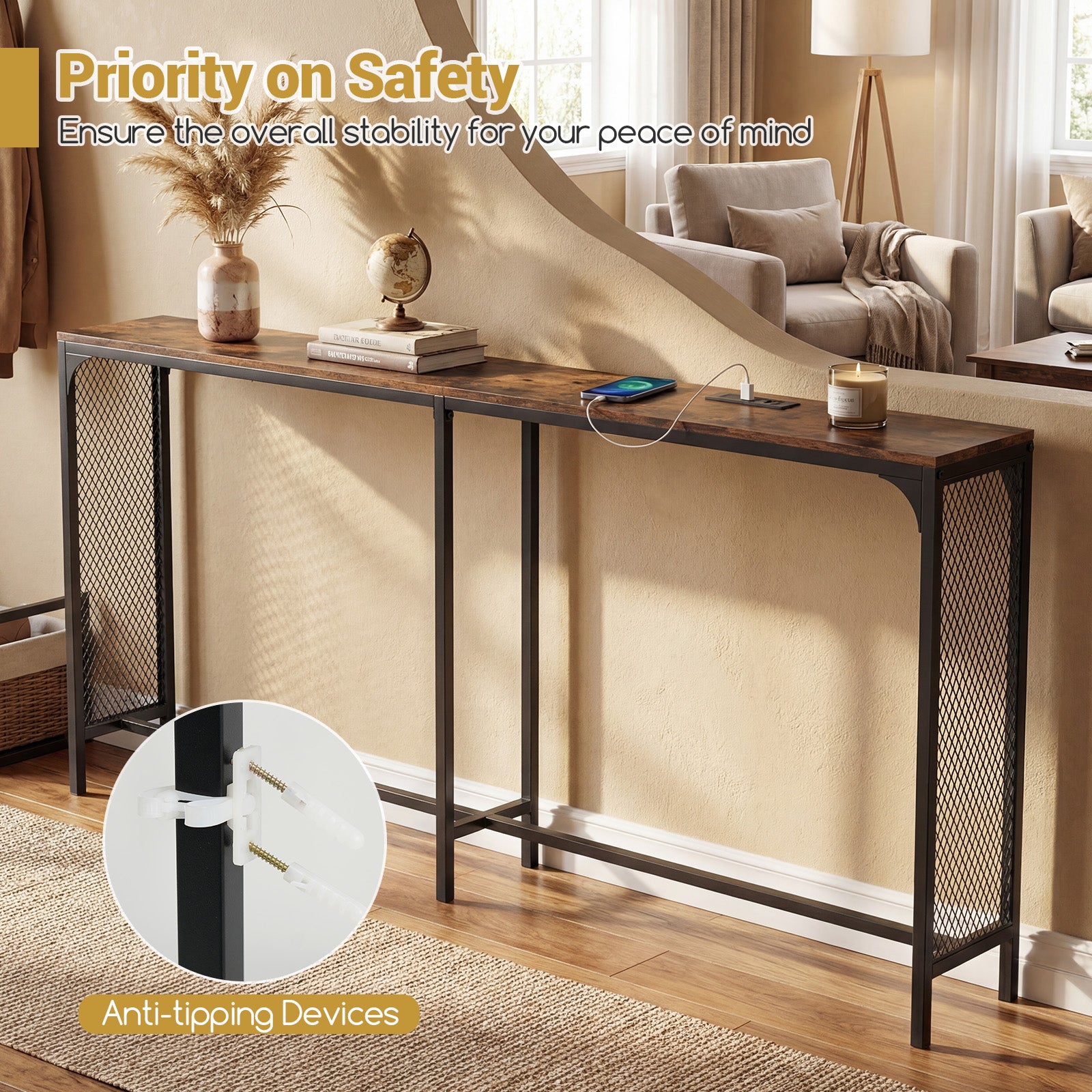 71 Inch Narrow Console Table with Power Outlet for Small Space-Rustic Brown