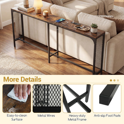 71 Inch Narrow Console Table with Power Outlet for Small Space-Rustic Brown