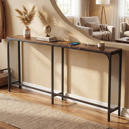 71 Inch Narrow Console Table with Power Outlet for Small Space-Rustic Brown