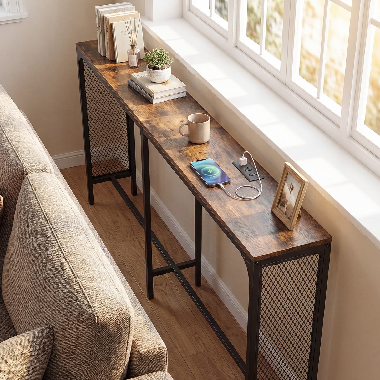 71 Inch Narrow Console Table with Power Outlet for Small Space-Rustic Brown