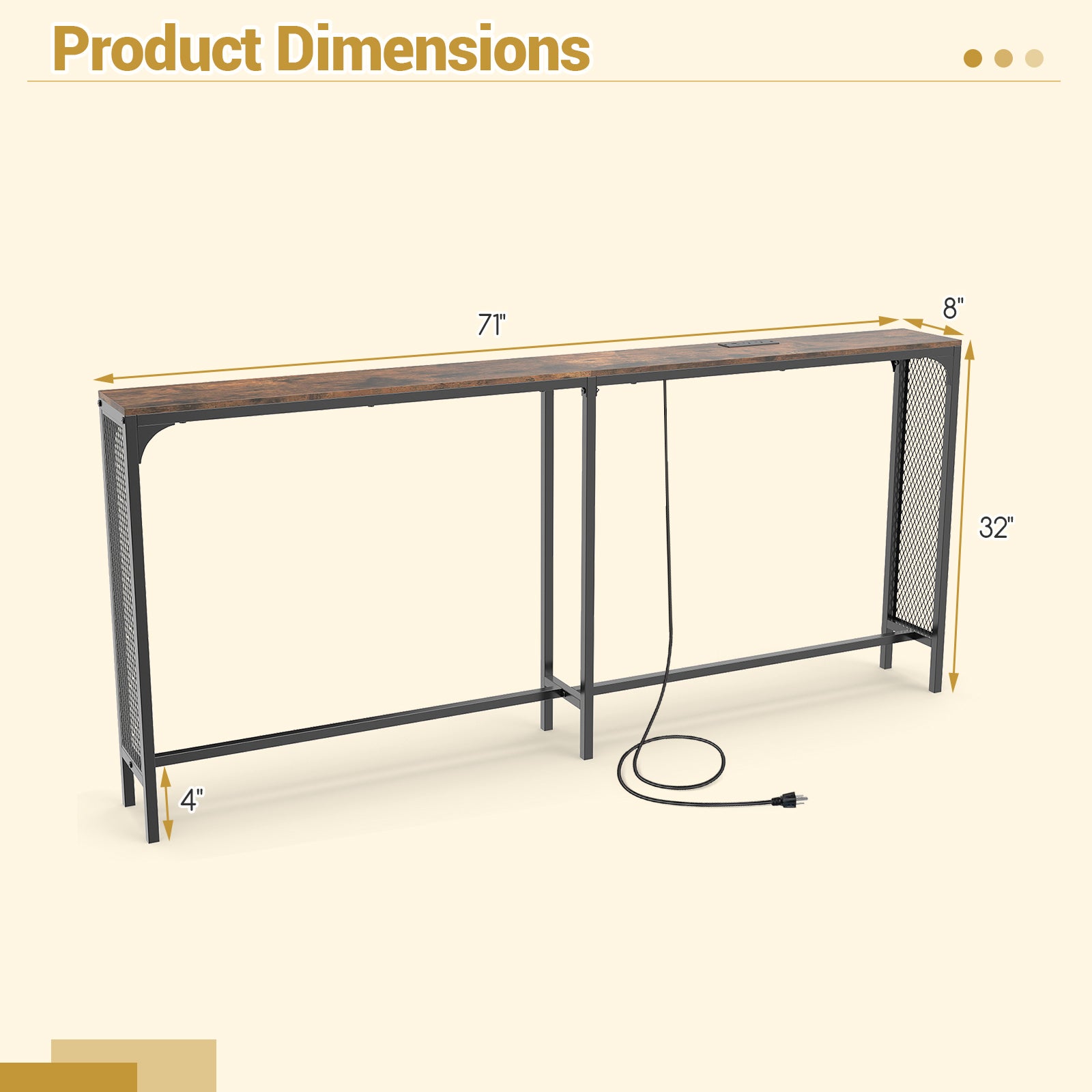 71 Inch Narrow Console Table with Power Outlet for Small Space-Rustic Brown