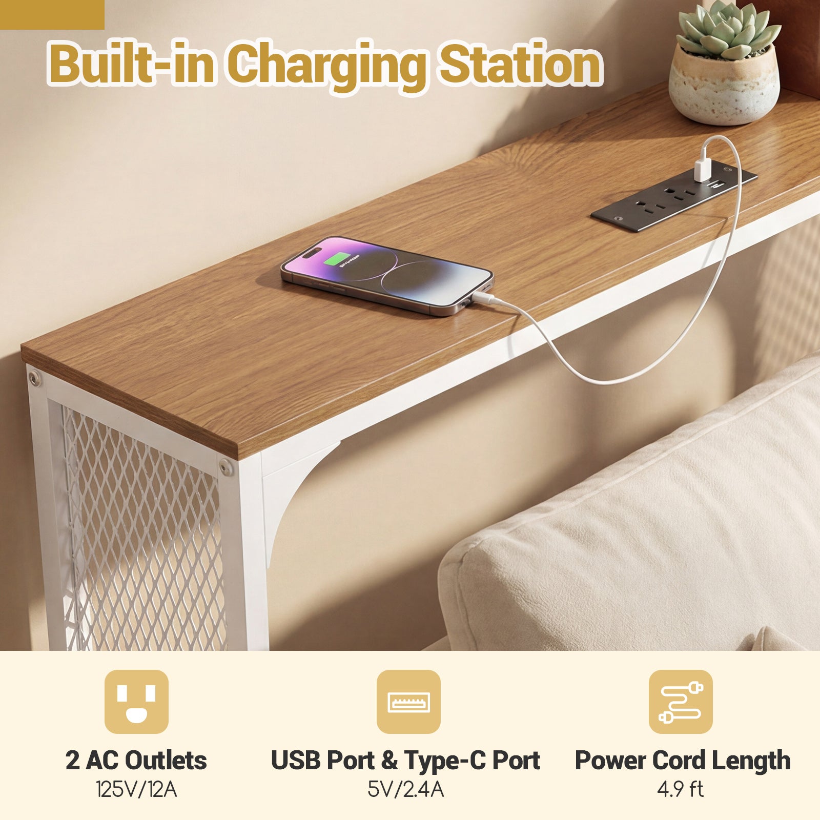 71 Inch Narrow Console Table with Power Outlet for Small Space-Natural