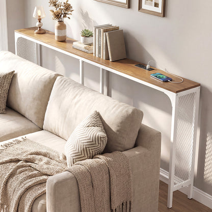 71 Inch Narrow Console Table with Power Outlet for Small Space-Natural