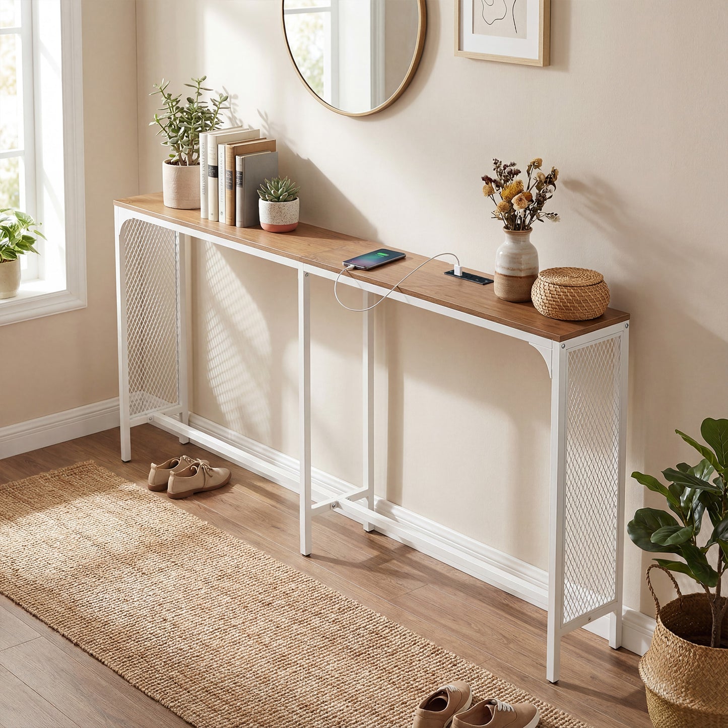 71 Inch Narrow Console Table with Power Outlet for Small Space-Natural