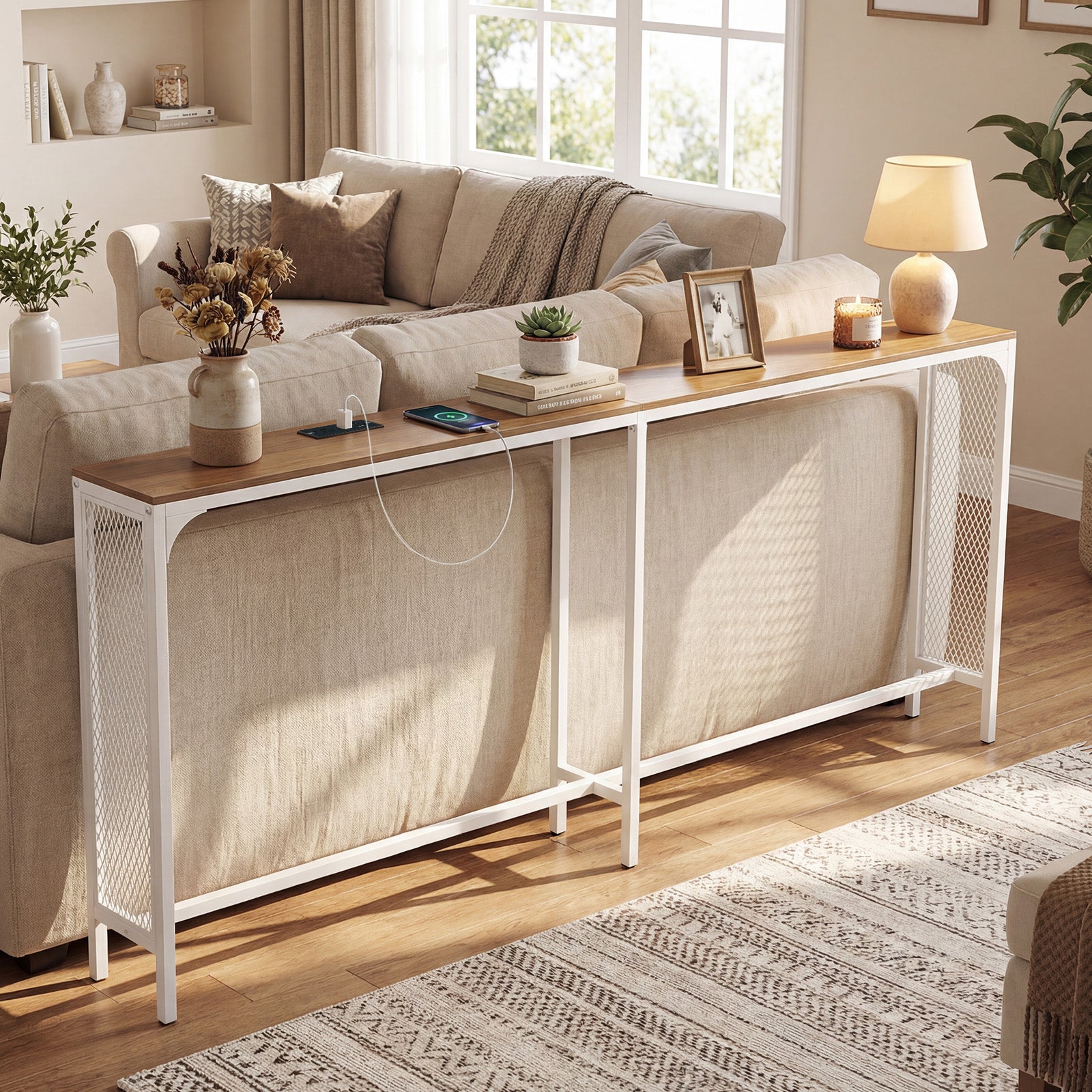 71 Inch Narrow Console Table with Power Outlet for Small Space-Natural