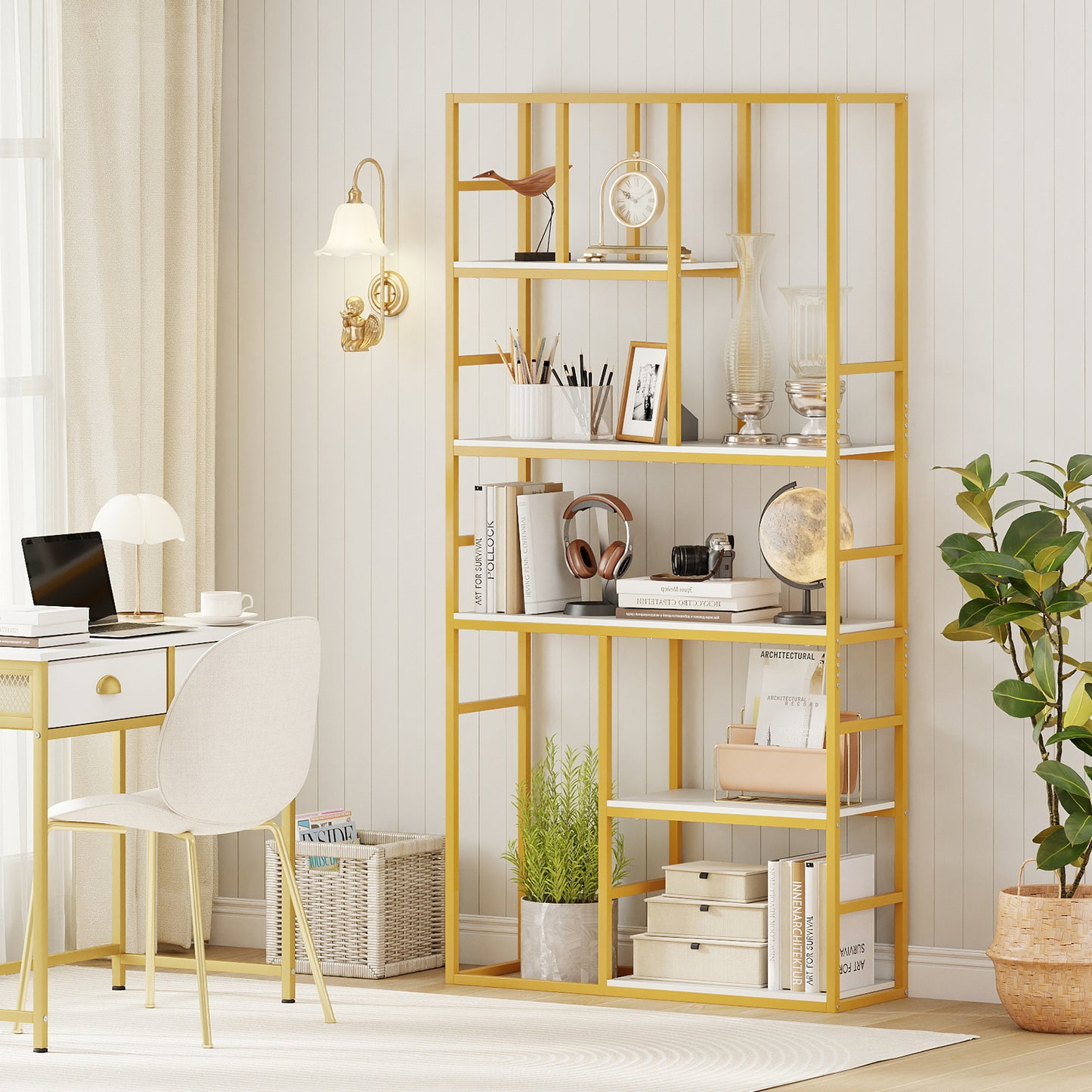71 Inch Tall Bookshelf Metal Frame 5-Tier Geometric Bookcase-White & Golden