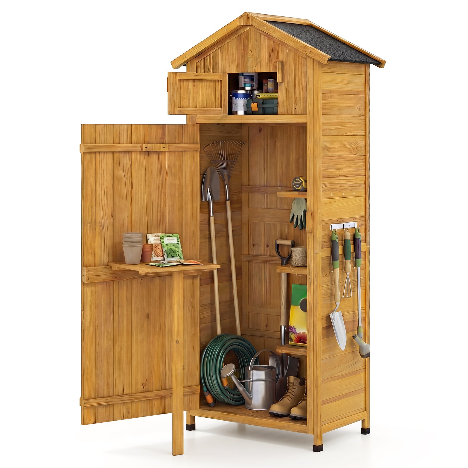 71 Inch Tall Garden Tool Storage Cabinet with Lockable Doors and Foldable Table-Natural
